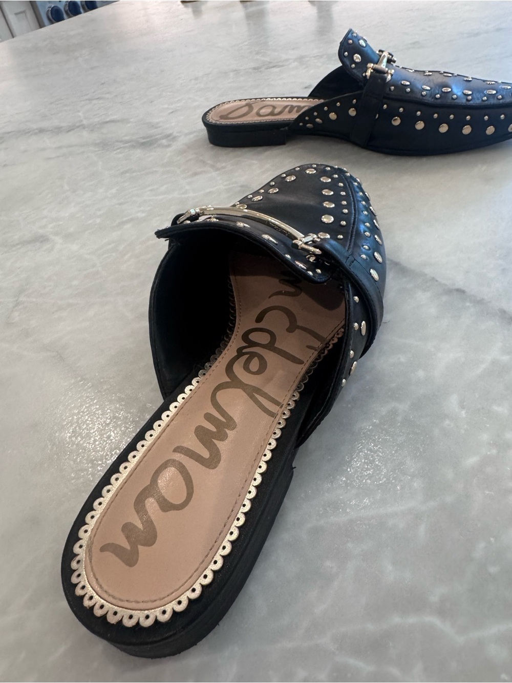 Sam Edelman Black Studded Slip-On Mules with Gold Buckle - Picture 3 of 5